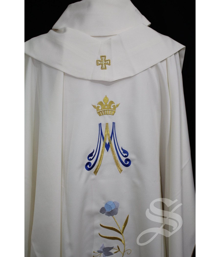 CASULLA 724 BLANCA MARIANA HOJAS DORADAS FLORES AZUL ESPECIAL