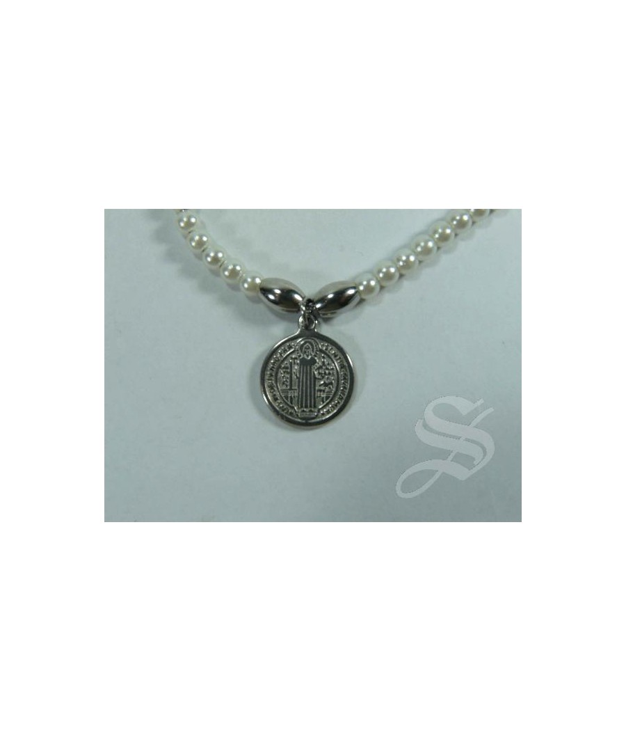 PULSERA MEDALLA SAN BENITO REGULABLE EFECTO PERLA Y METAL
