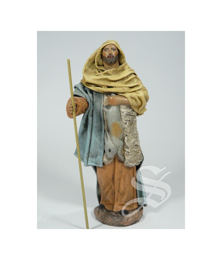 PASTOR CON CONEJO 14 CM. BARRO LIENZADO